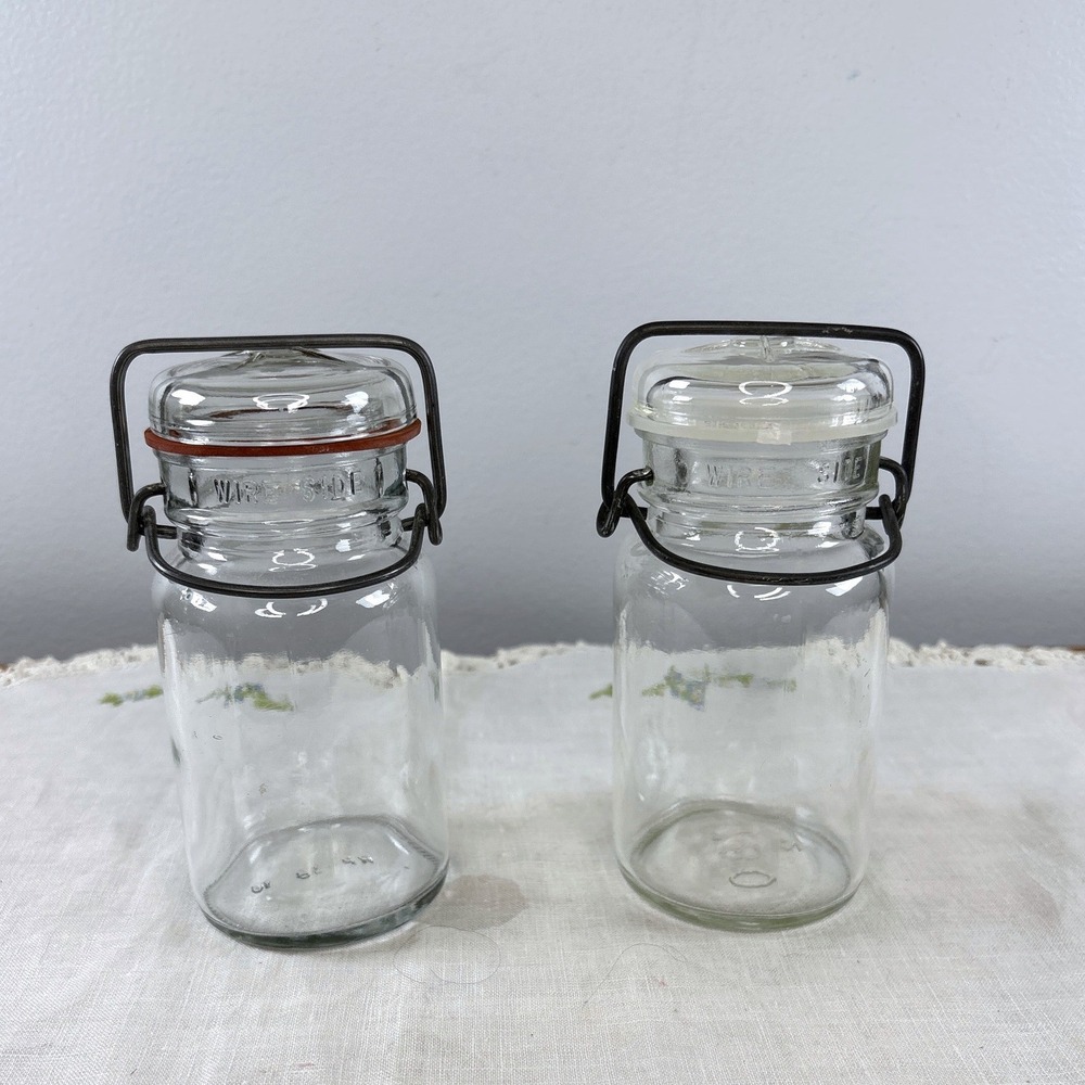 Vintage Clear Glass Canning Jars Wire Bail Closure Set of 2 Wire Side Embossed
